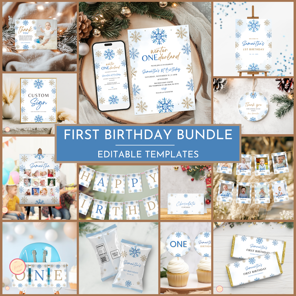 Winter 1st Birthday Template Bundle | Blue