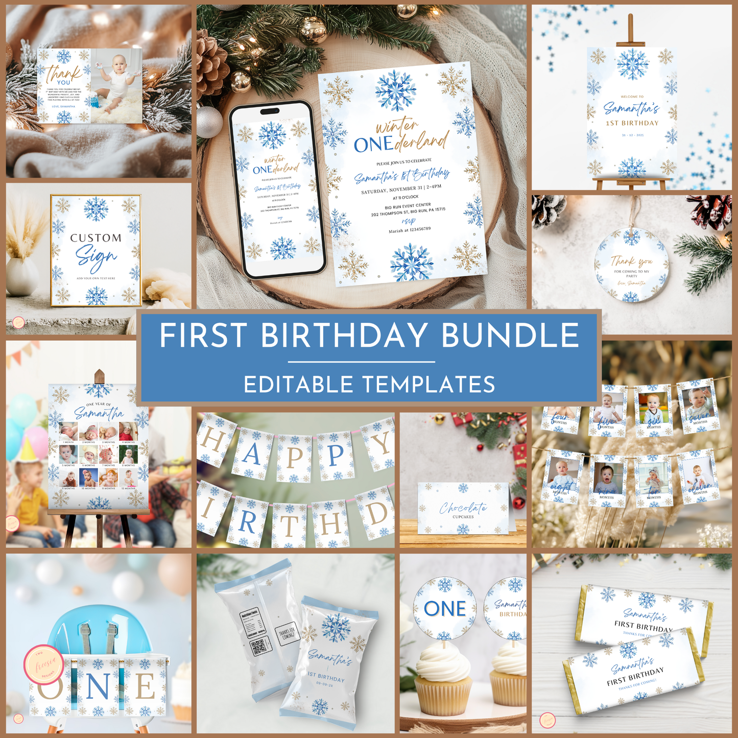 Winter 1st Birthday Template Bundle | Blue