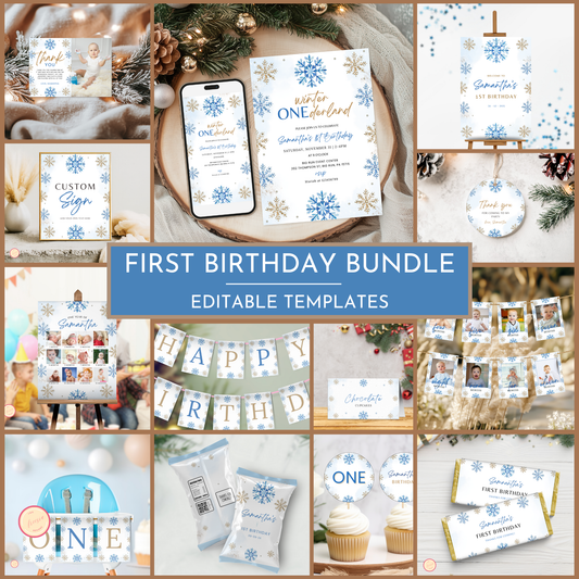 Winter 1st Birthday Template Bundle | Blue