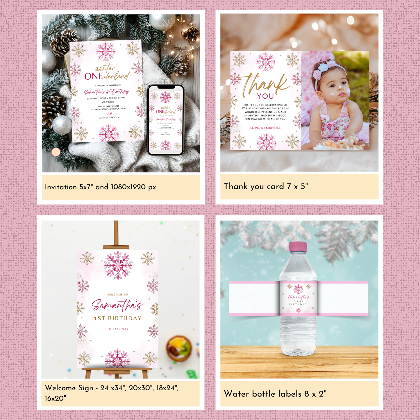 Winter 1st Birthday Template Bundle | Pink
