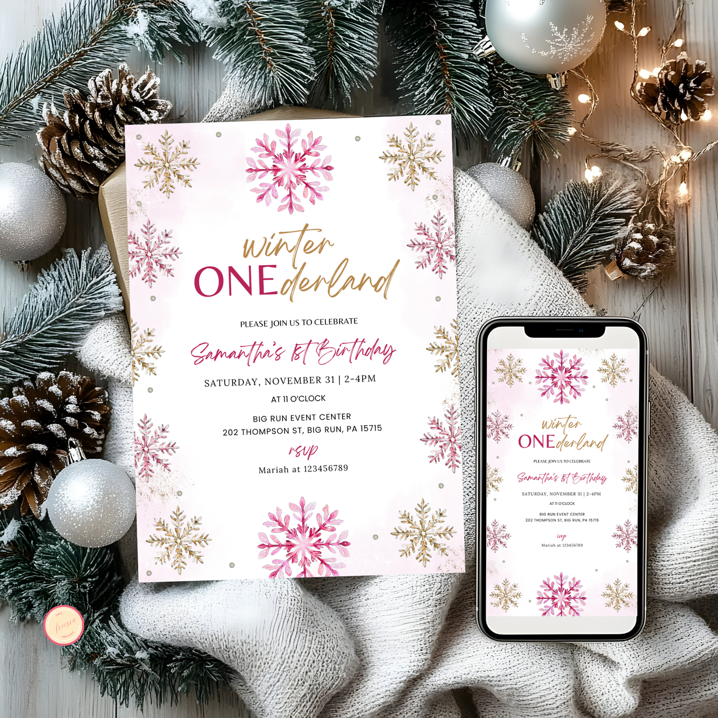 Winter 1st Birthday Invitation - Pink