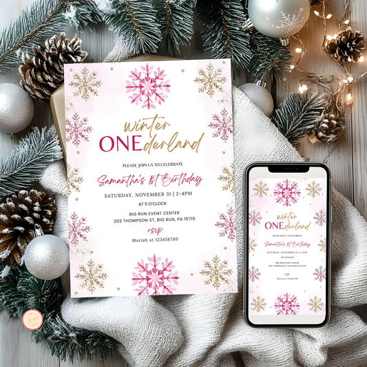 Winter 1st Birthday Invitation - Pink