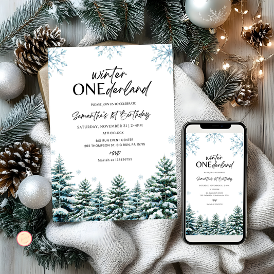 Winter 1st Birthday Invitation - Woodland