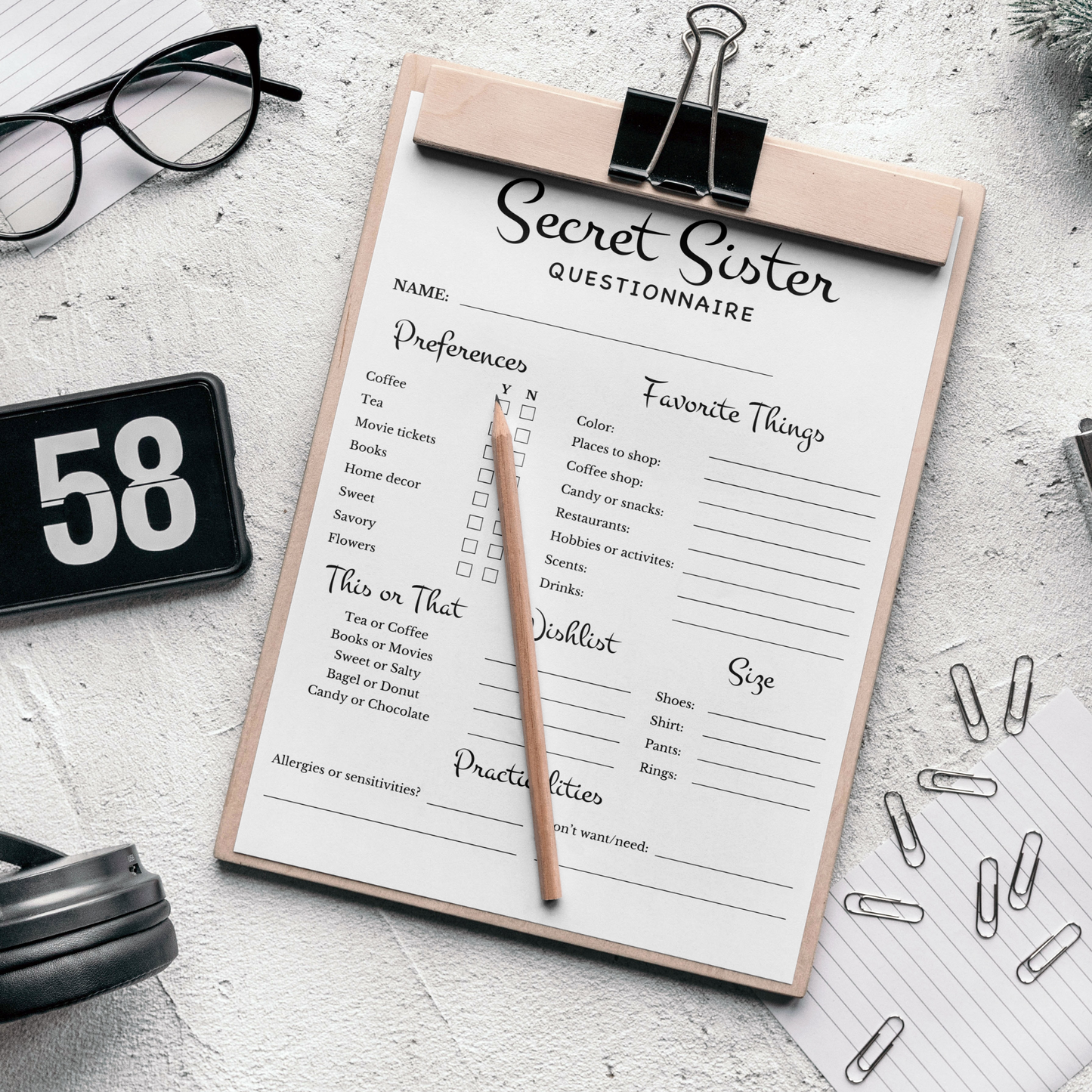 Editable Secret Sister Questionnaire Template