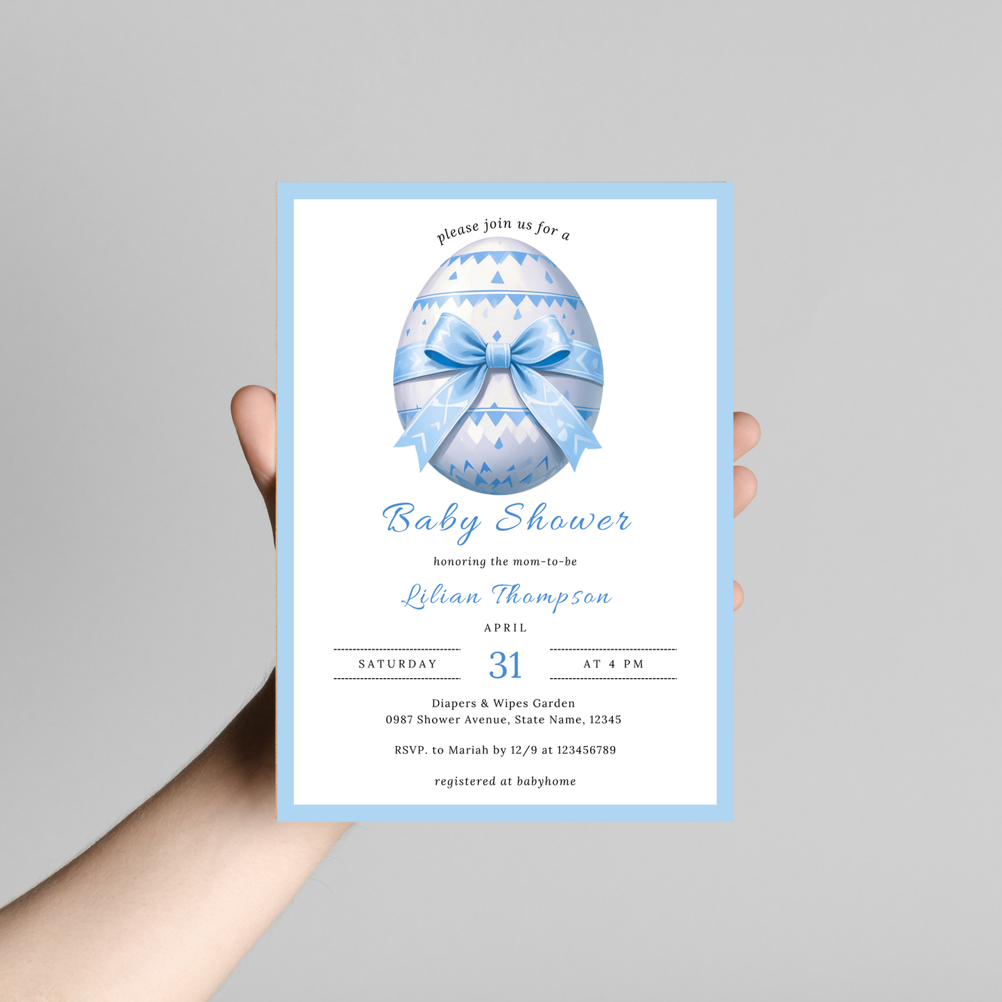 Easter Baby Shower Invitation - Blue Egg