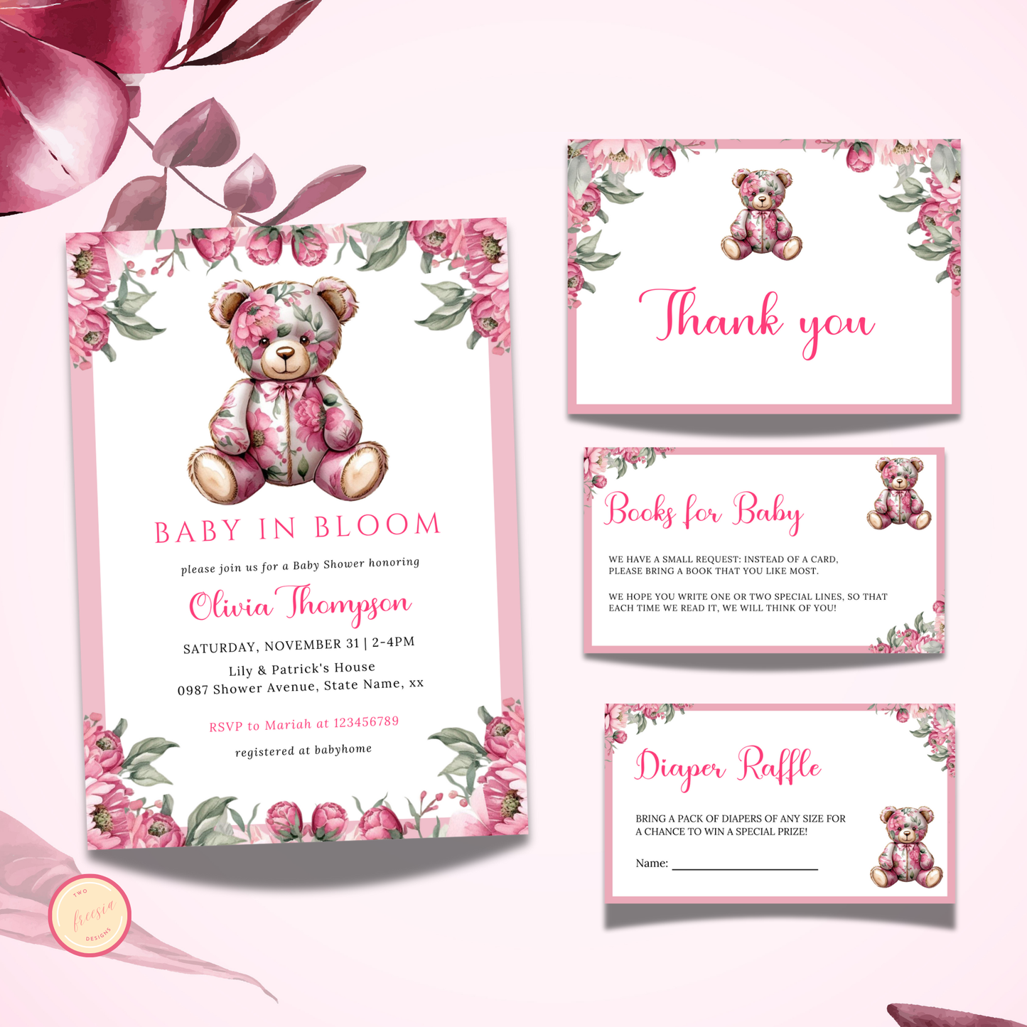 Baby in Bloom Baby Shower Invitation Bundle Template - Floral Pink