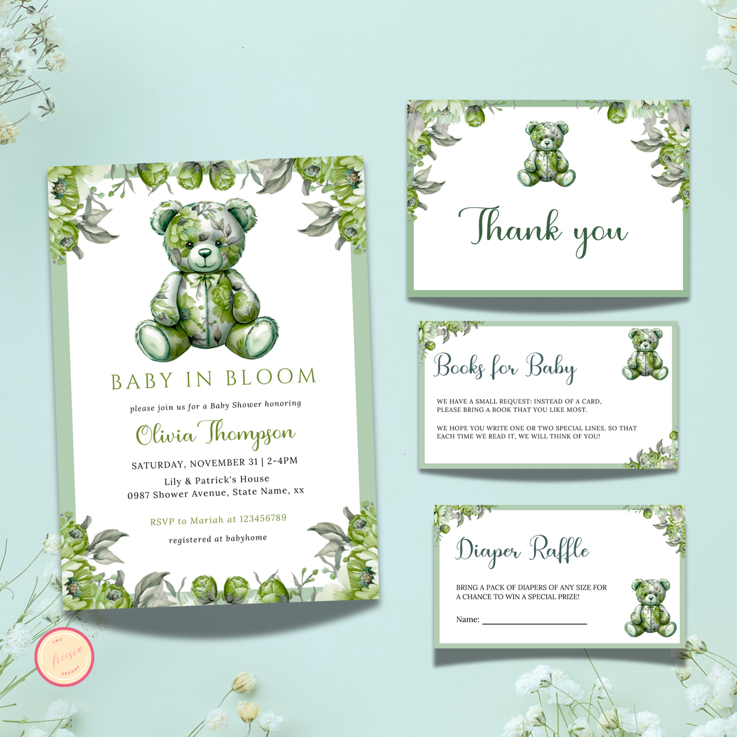 Baby in Bloom Baby Shower Invitation Bundle Template - Floral Green