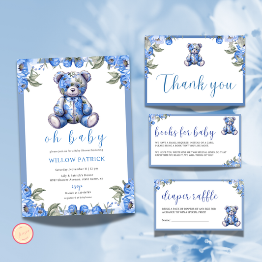 Oh Baby! Baby Shower Invitation Bundle Template - Floral Blue