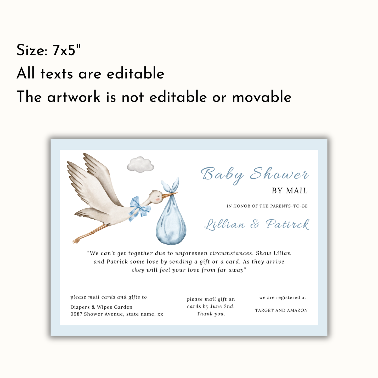 Blue Stork Baby Shower By Mail Invitation