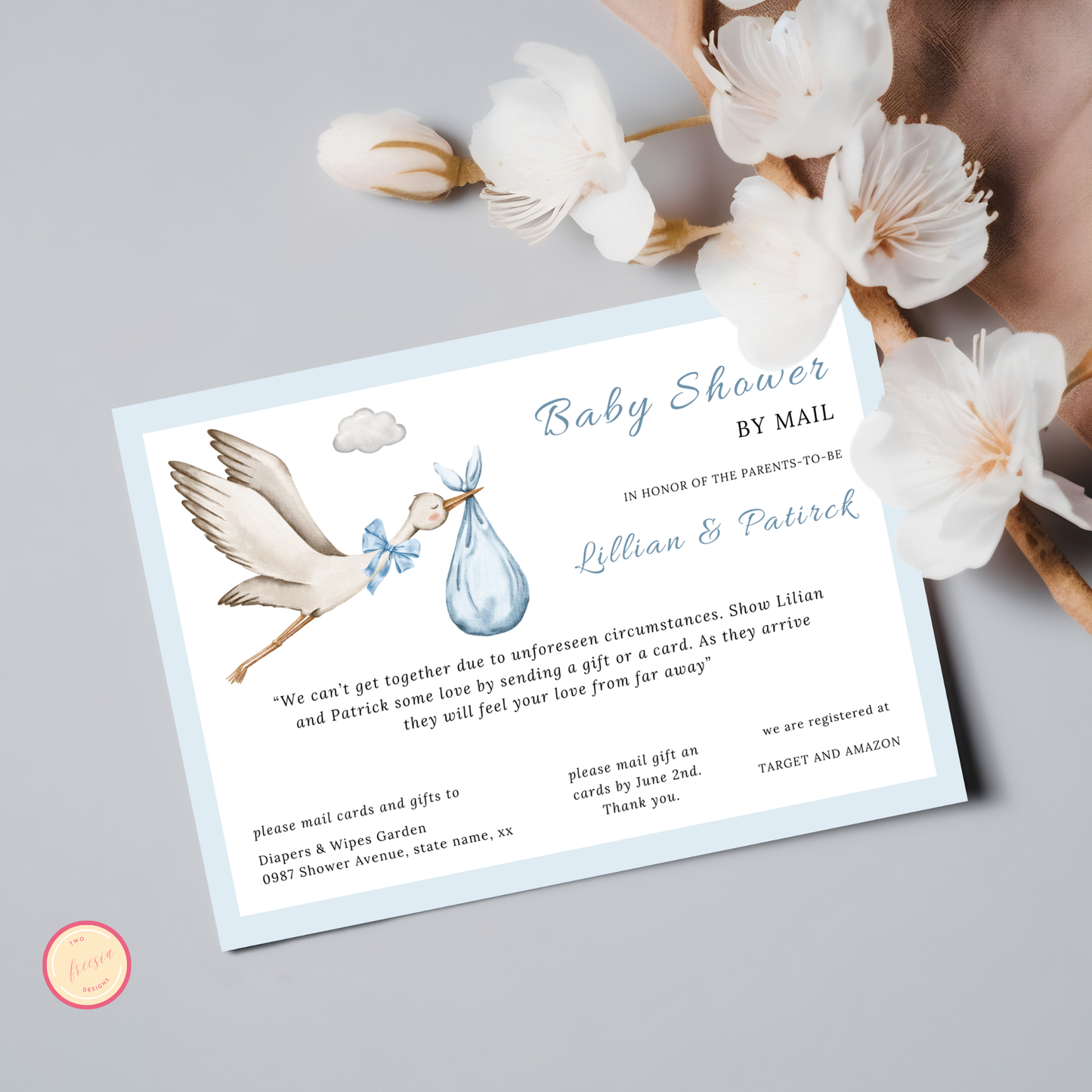 Blue Stork Baby Shower By Mail Invitation