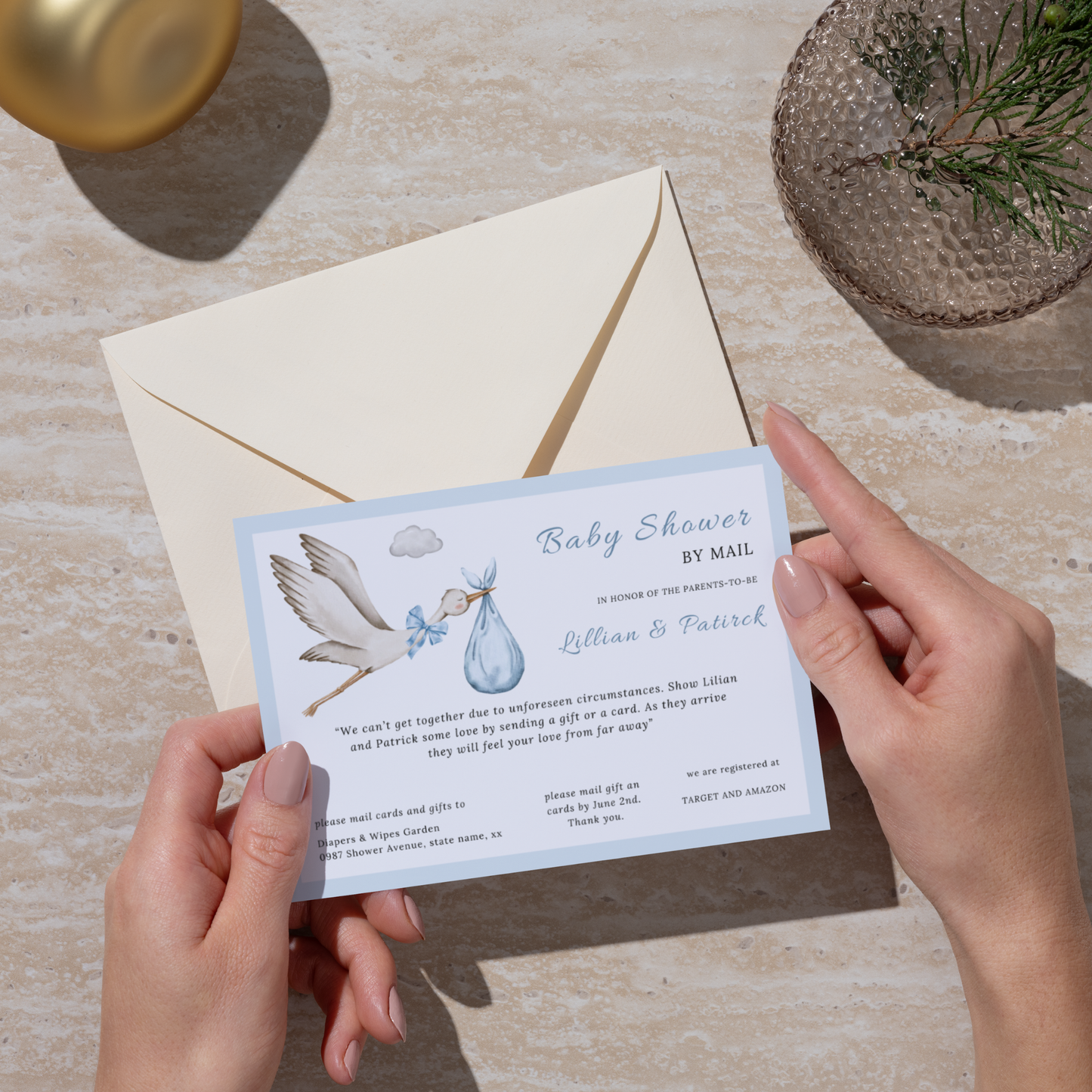 Blue Stork Baby Shower By Mail Invitation