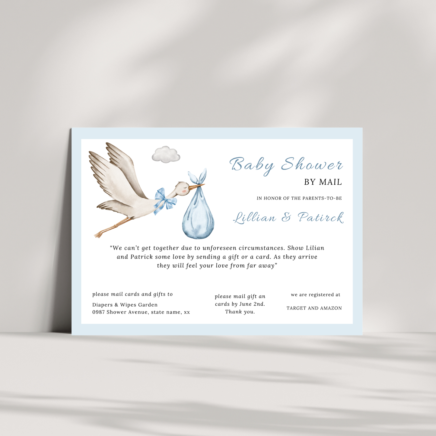 Blue Stork Baby Shower By Mail Invitation