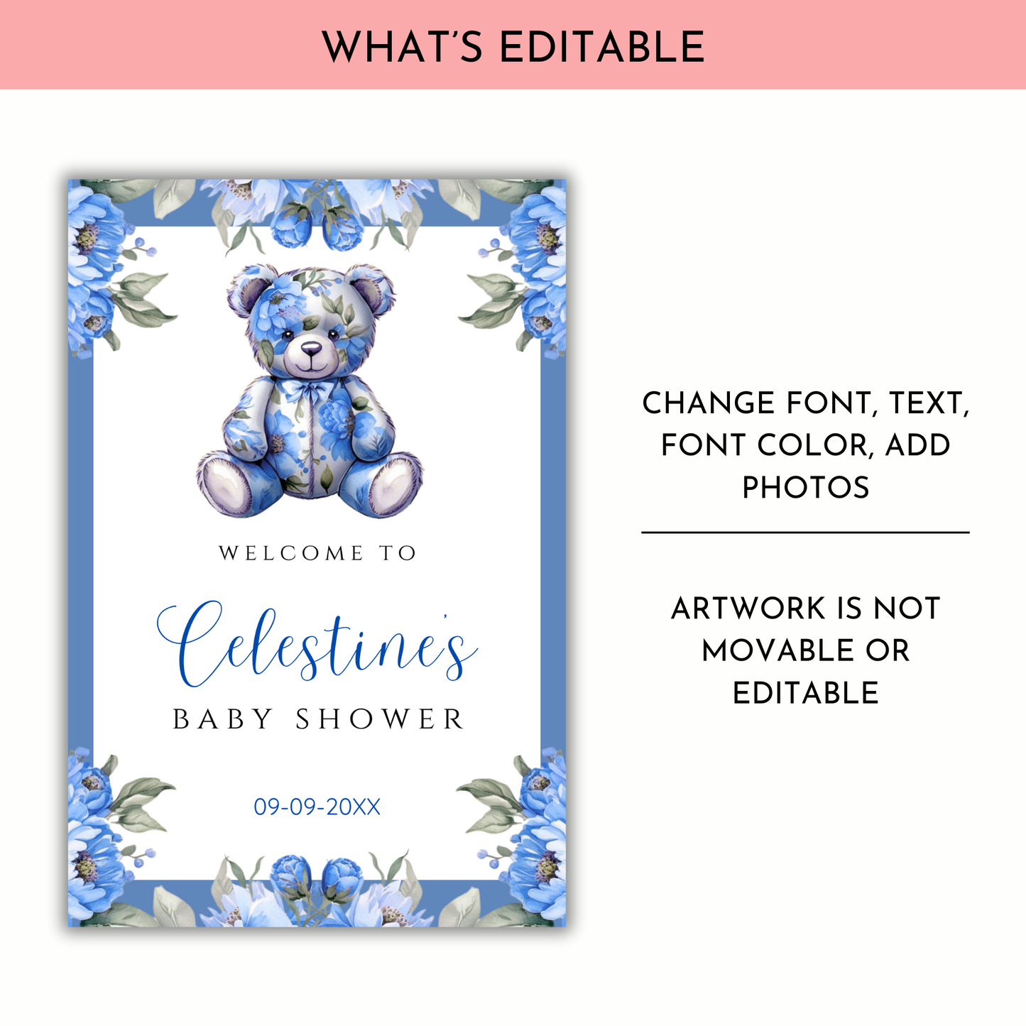 Baby in Bloom Welcome Sign Template - Blue