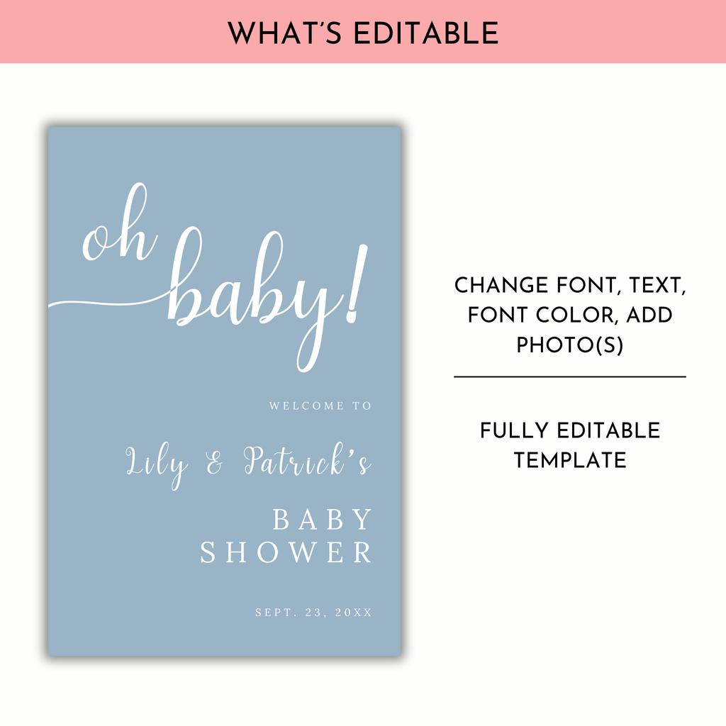 Oh Baby Shower Welcome Sign - Dusty Blue