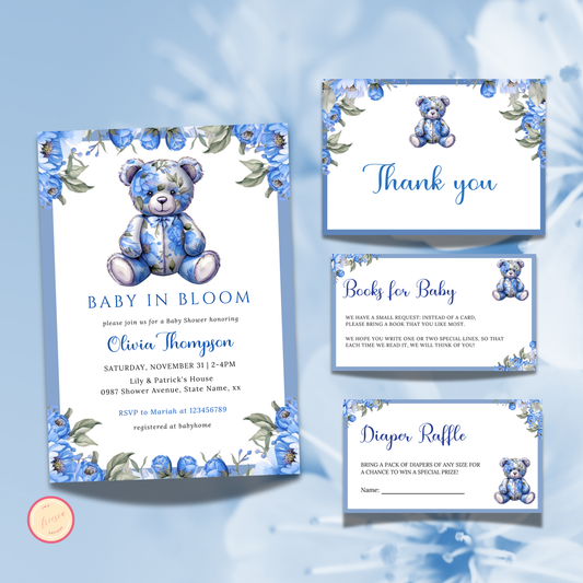 Baby in Bloom Baby Shower Invitation Bundle Template - Floral Blue