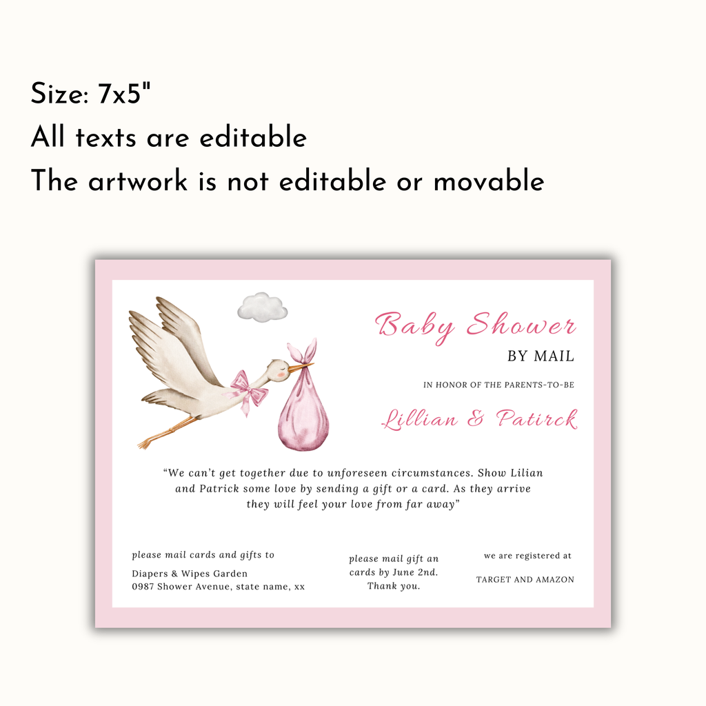 Pink Stork Baby Shower By Mail Invitation