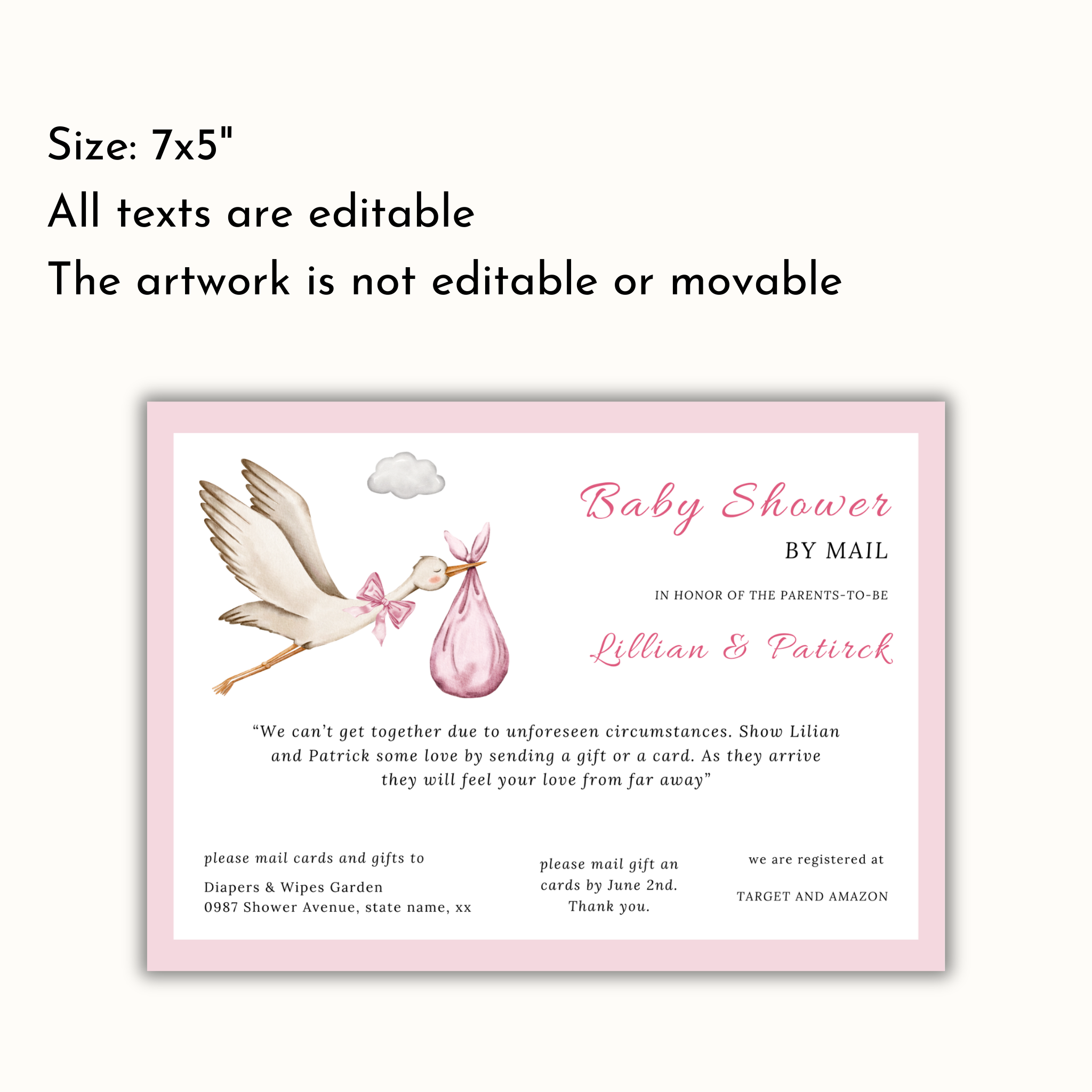 Pink Stork Baby Shower By Mail Invitation