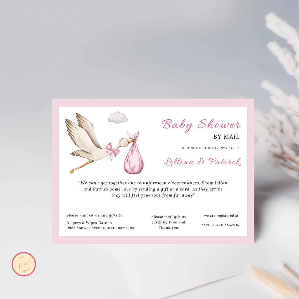 Pink Stork Baby Shower By Mail Invitation