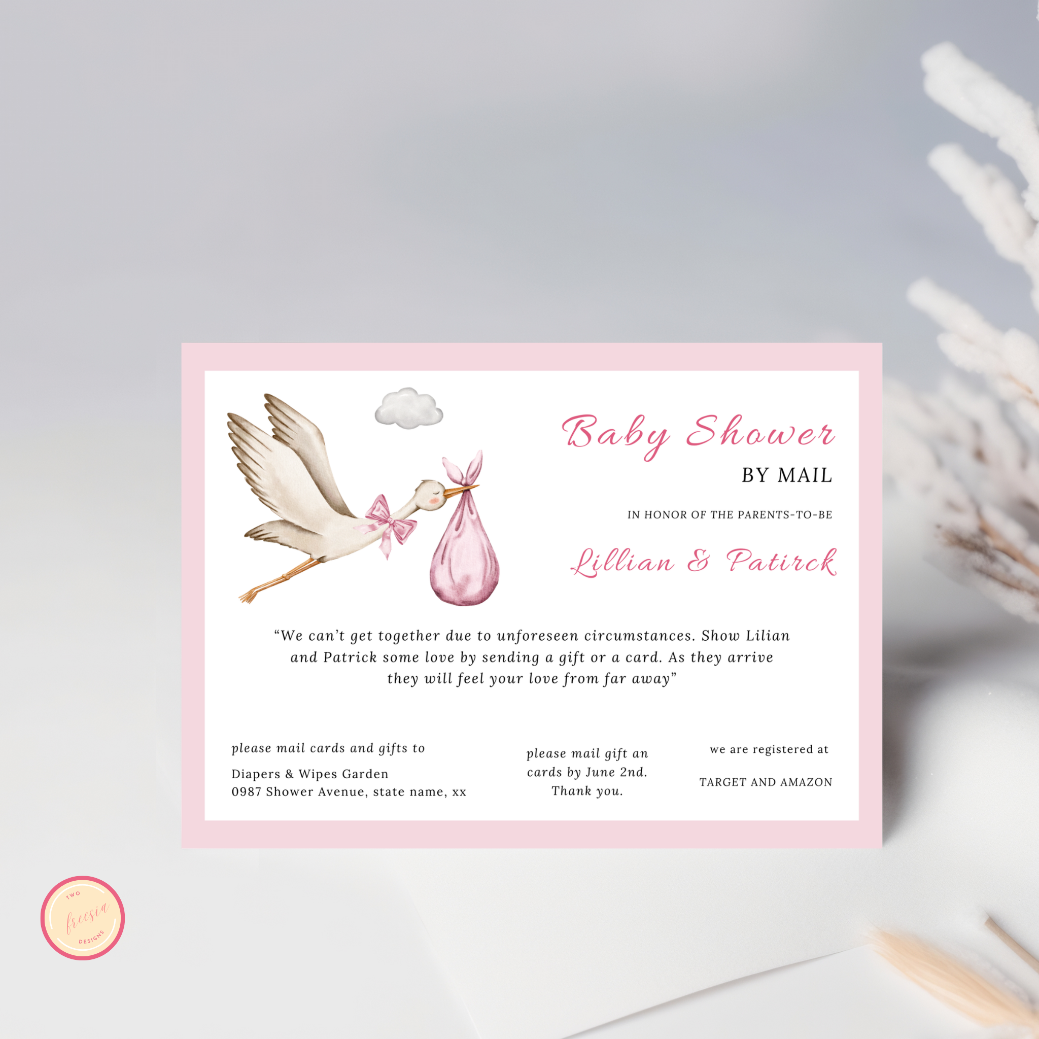 Pink Stork Baby Shower By Mail Invitation