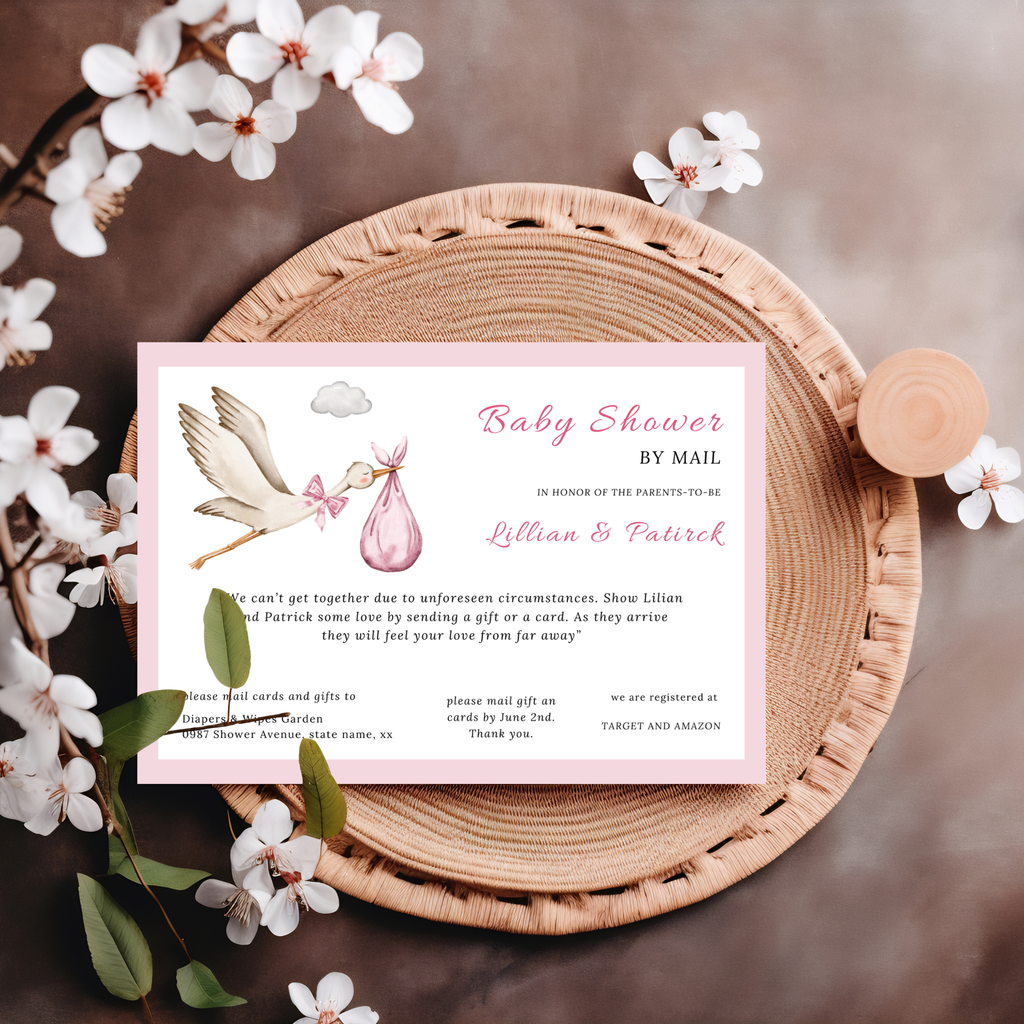 Pink Stork Baby Shower By Mail Invitation