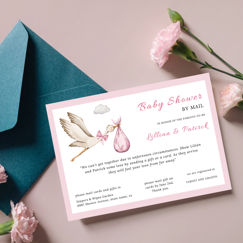 Pink Stork Baby Shower By Mail Invitation