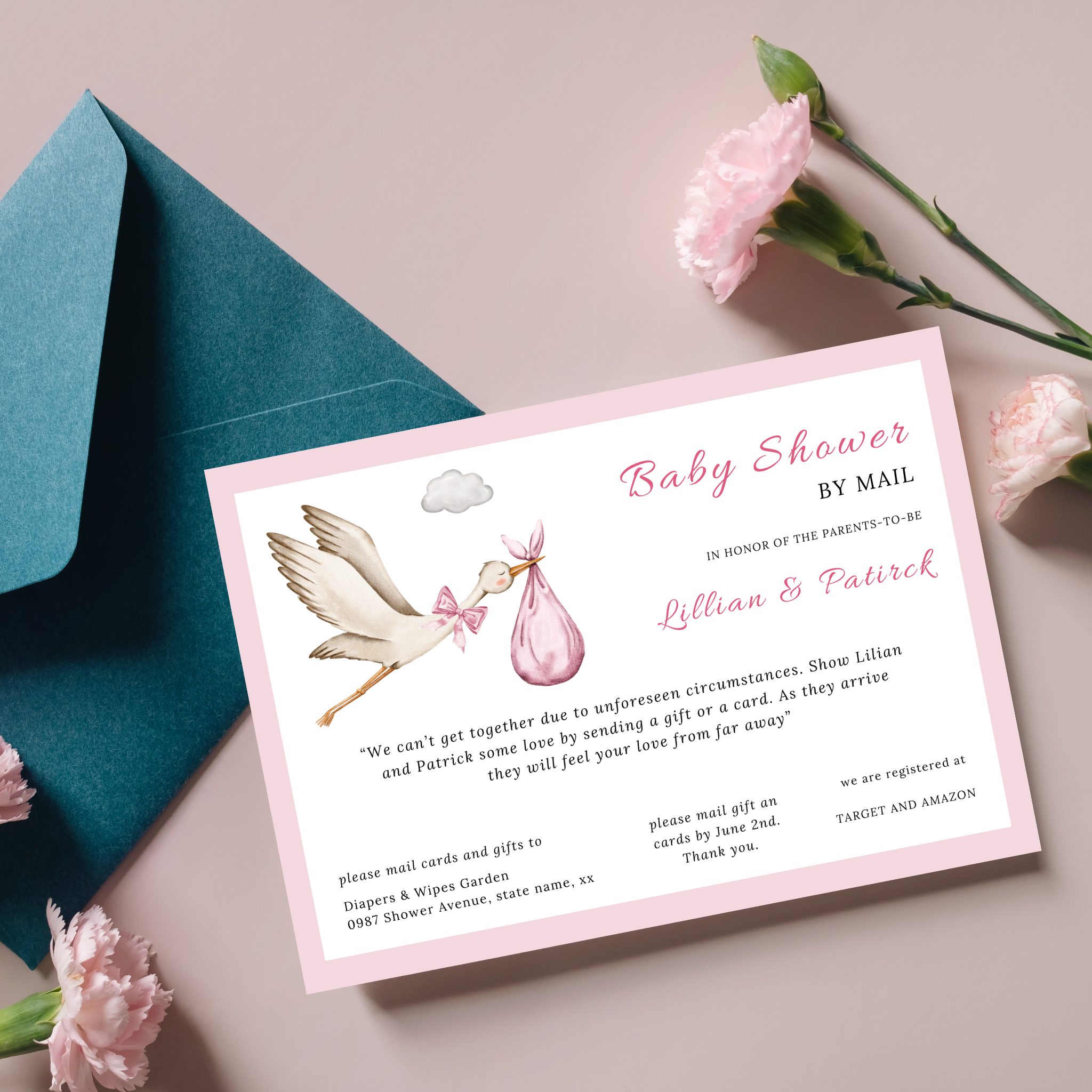 Pink Stork Baby Shower By Mail Invitation