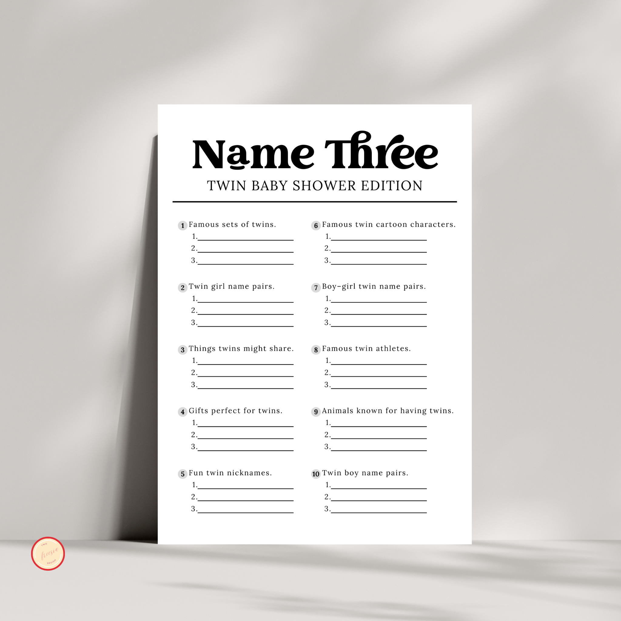 Name Three Game - Twin Baby Shower