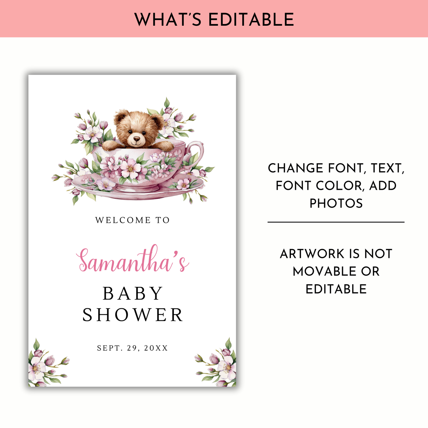 Time for Tea Baby Shower Welcome Sign - Pink Floral
