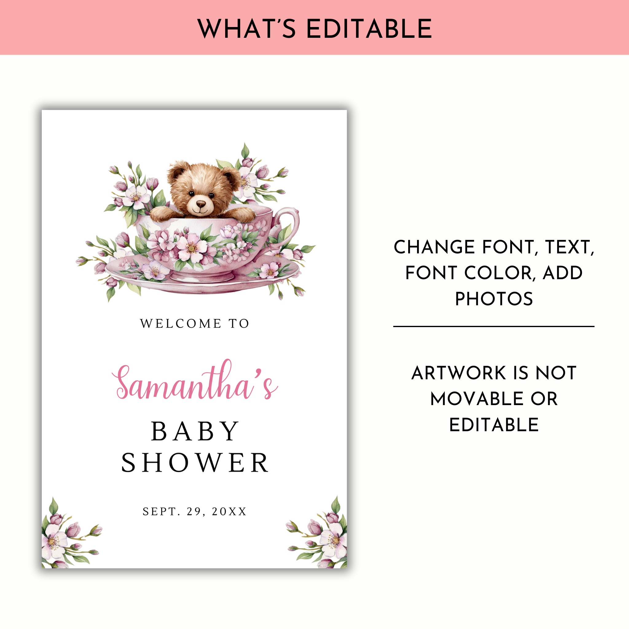 Time for Tea Baby Shower Welcome Sign - Pink Floral