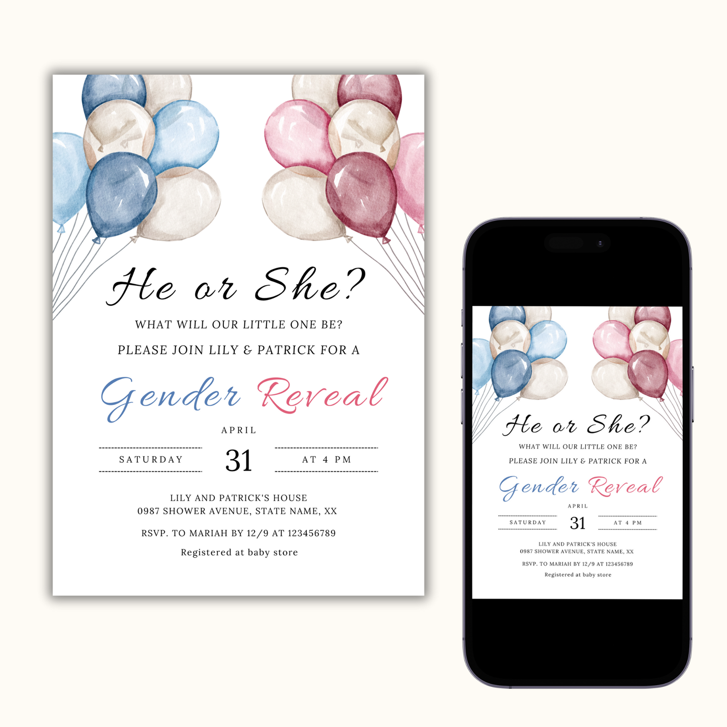Balloons Gender Reveal Invitation Template
