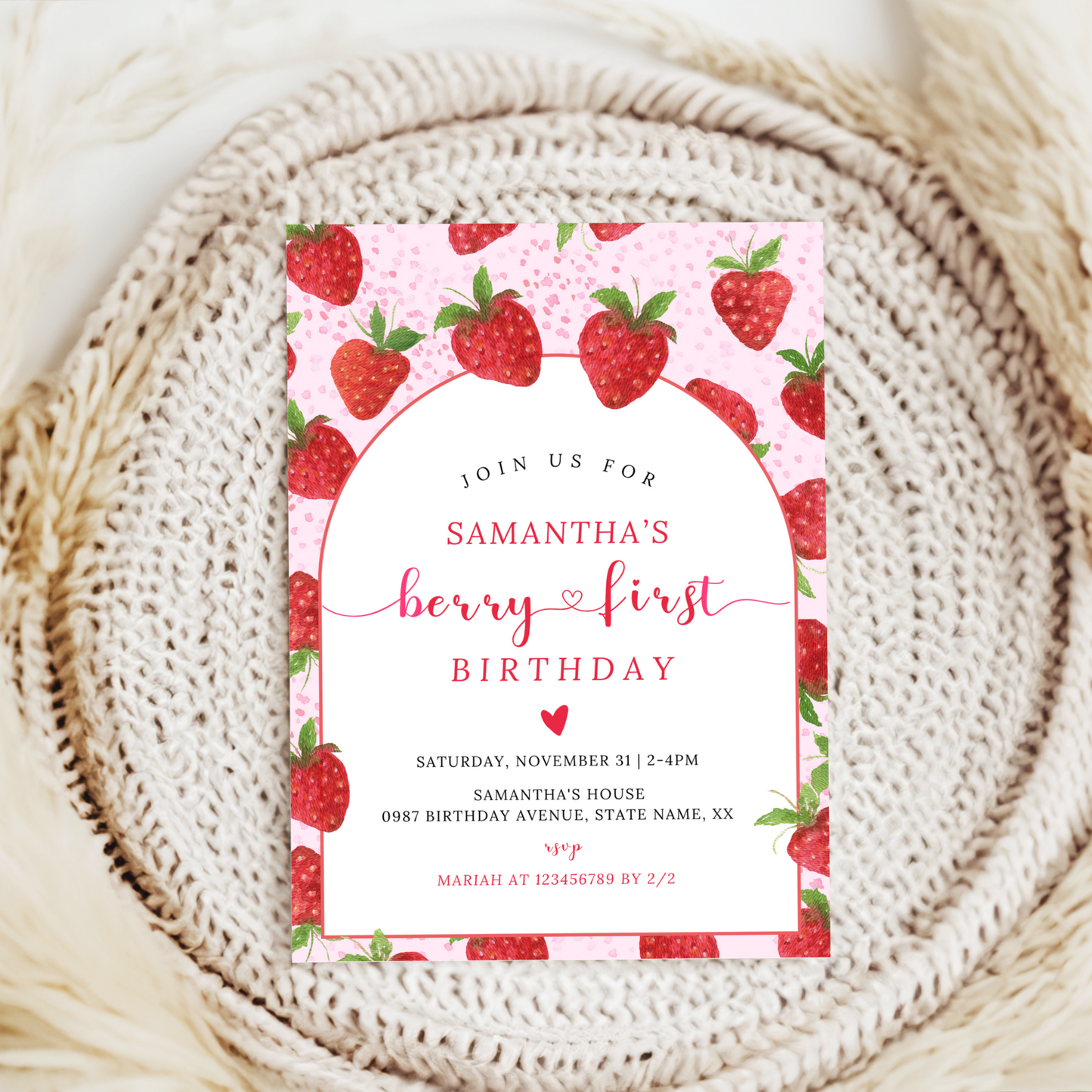 Strawberry 1st Birthday Invitation