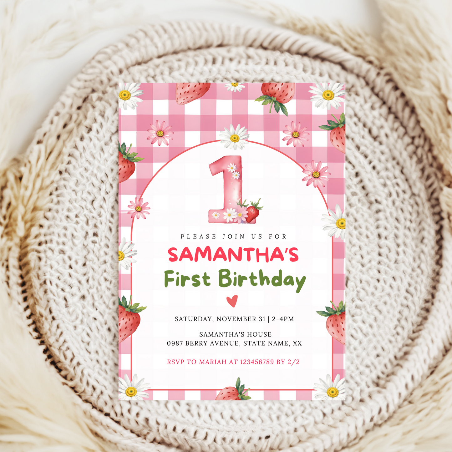 Strawberry First Birthday Invitation