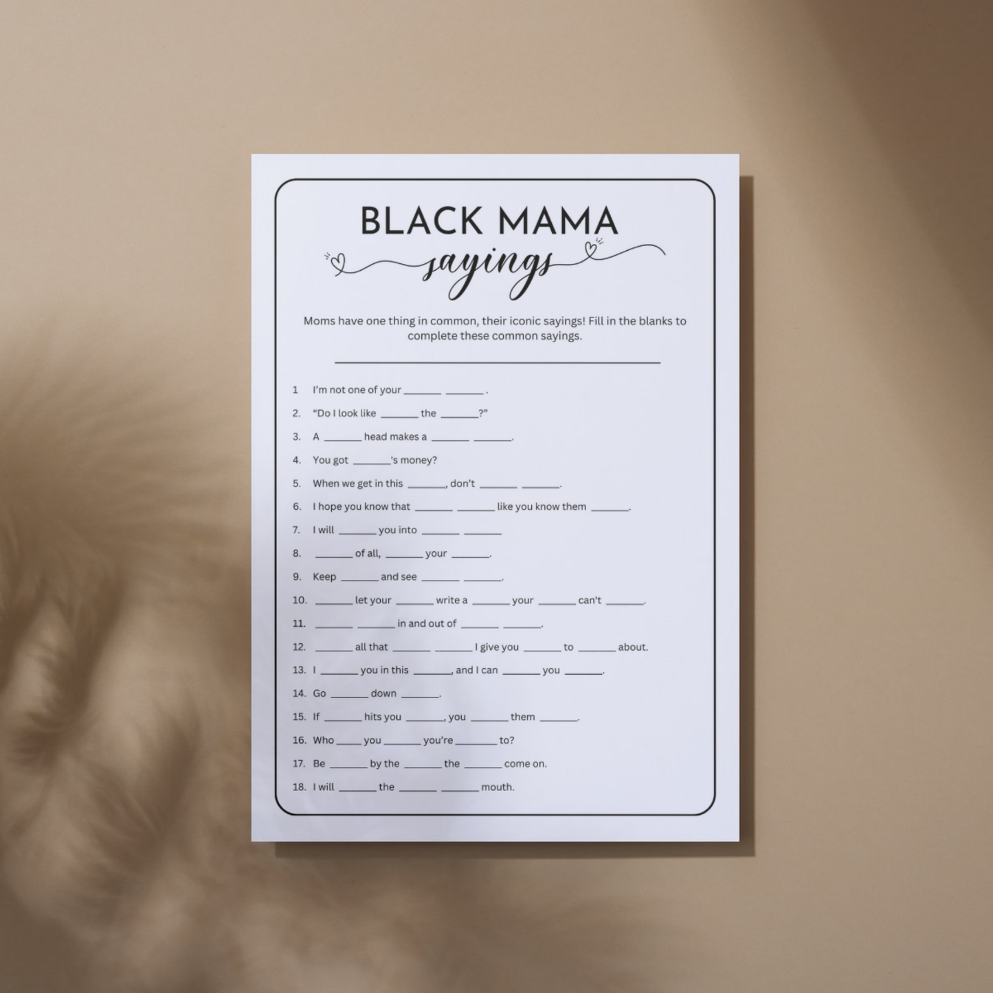 Black Mama Sayings Baby Shower Game