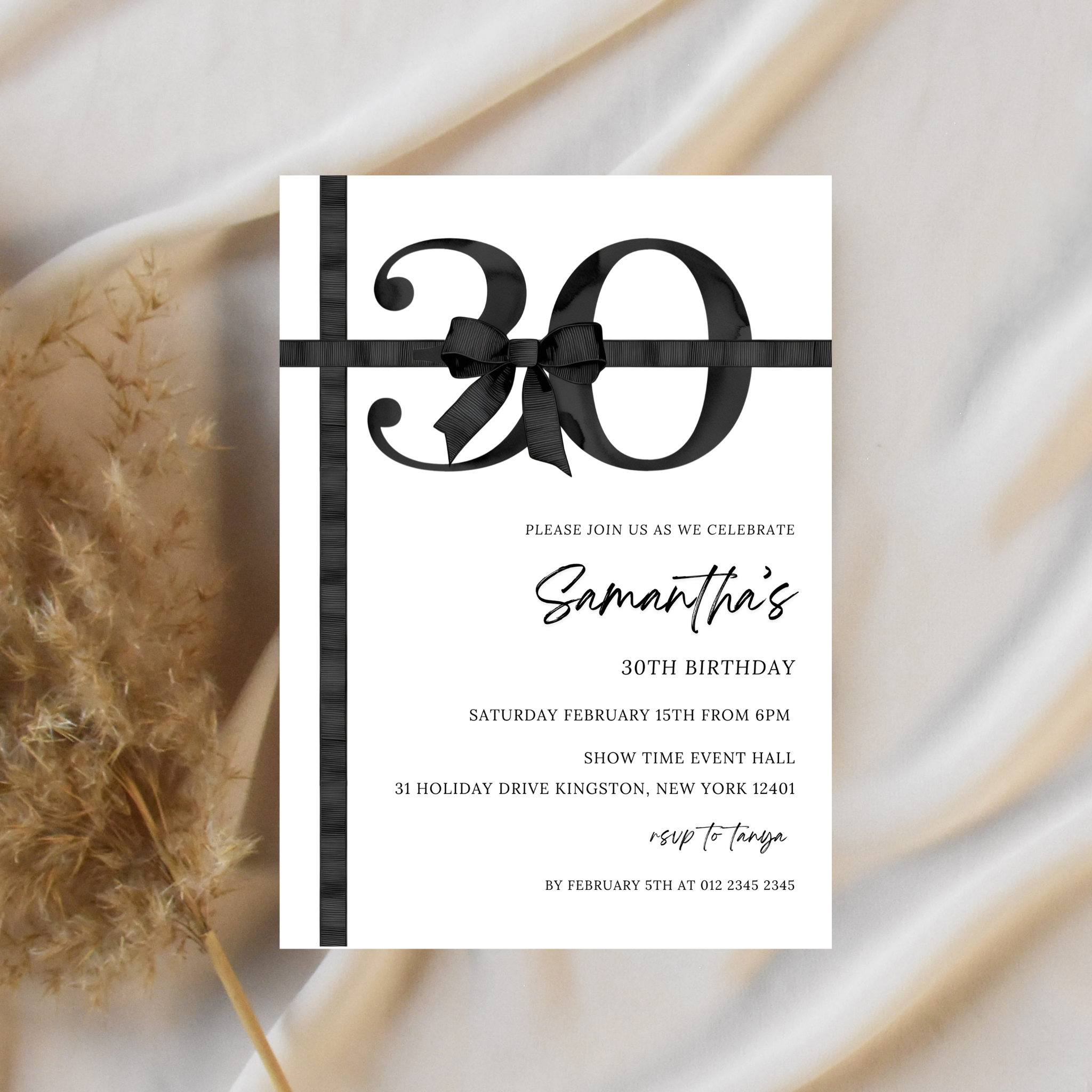 30th Birthday Invitation - Black Bow
