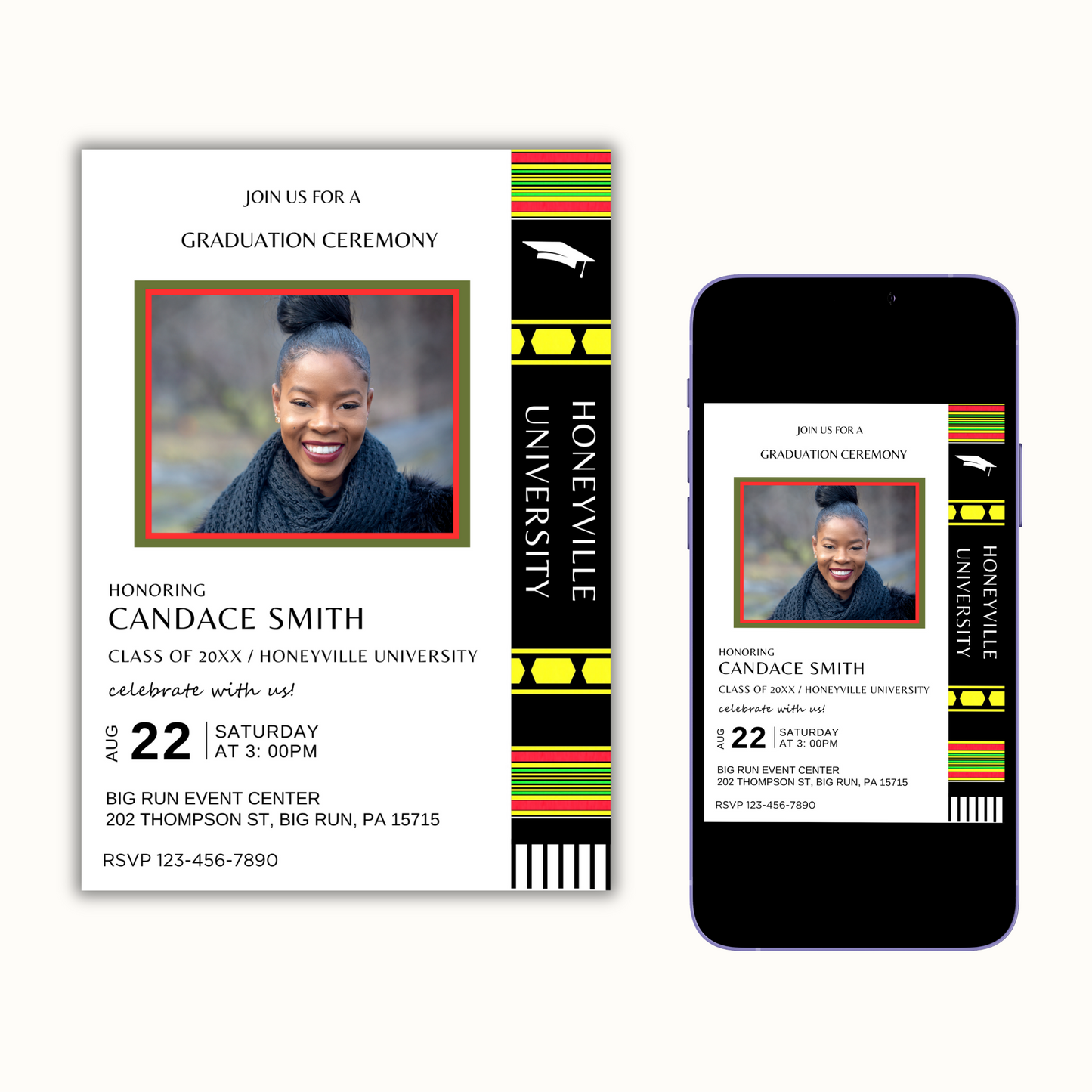 Kente Inspired Graduation Invitation - Editable Template