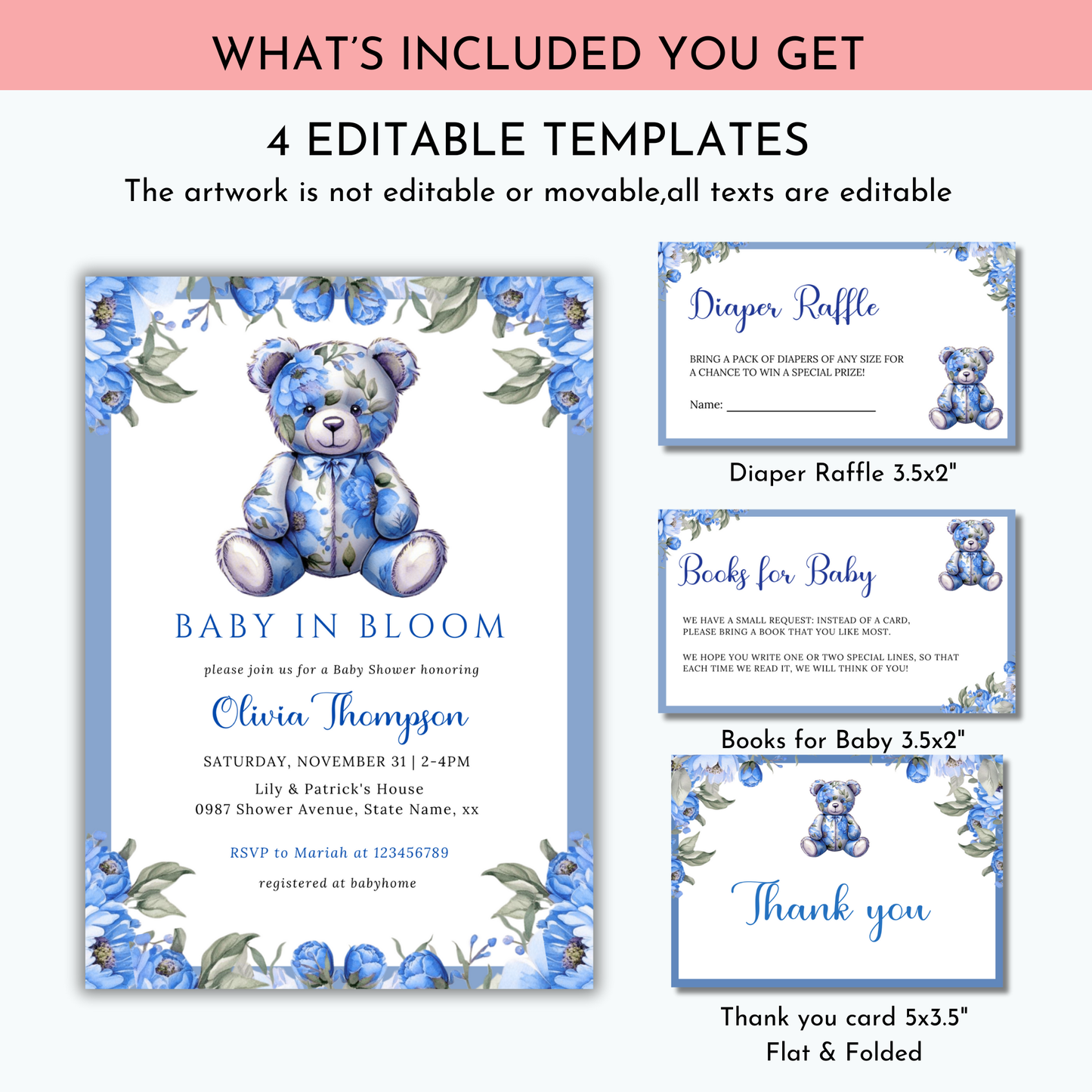 Baby in Bloom Baby Shower Invitation Bundle Template - Floral Blue