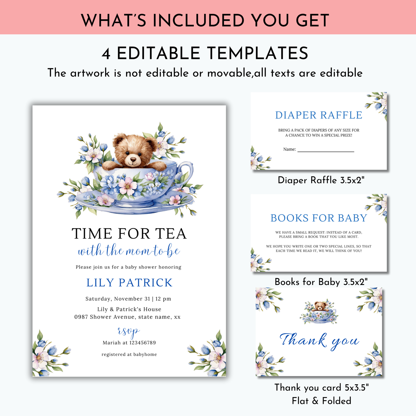 Time For Tea With The Mom To Be Invitation Set - Dusty Blue