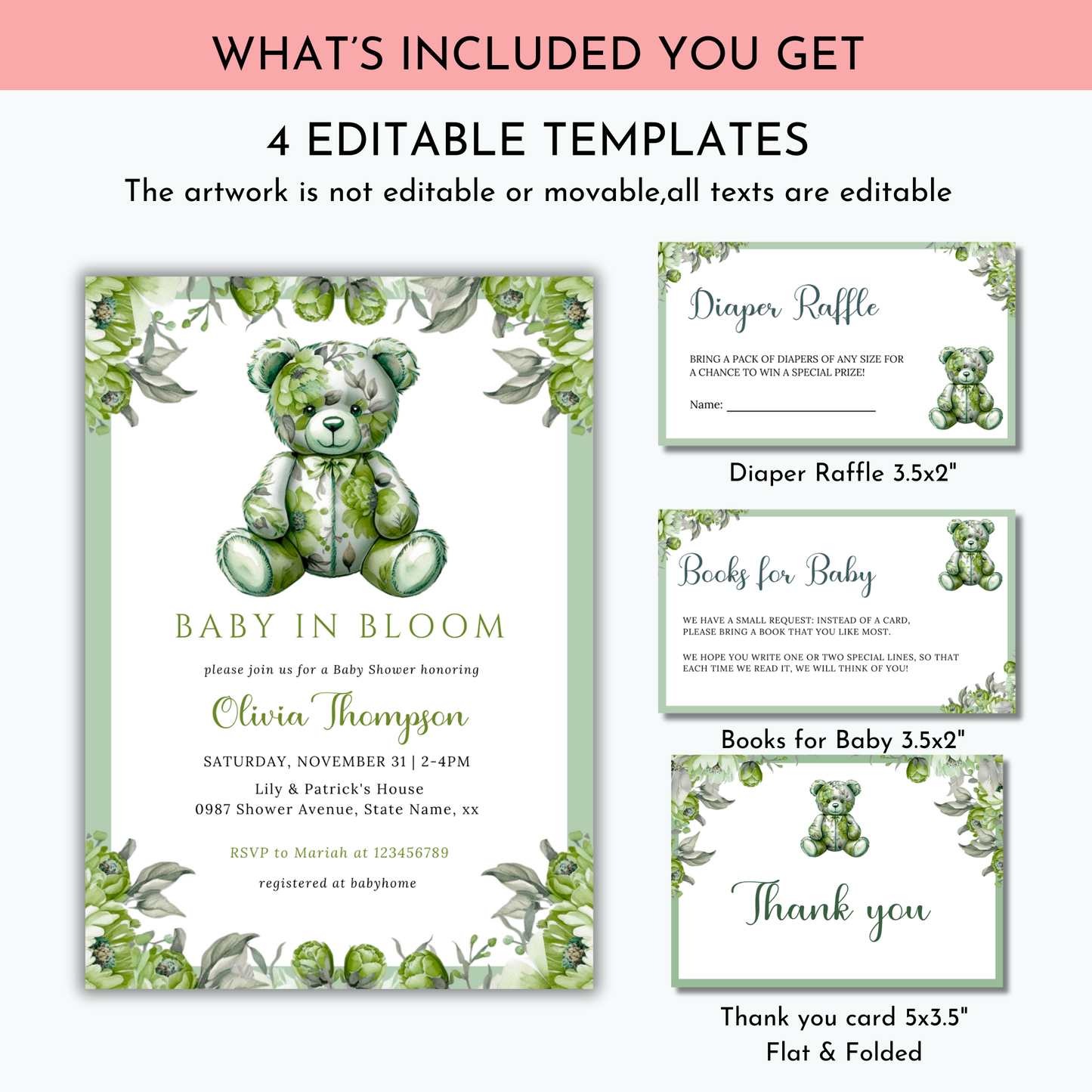 Baby in Bloom Baby Shower Invitation Bundle Template - Floral Green