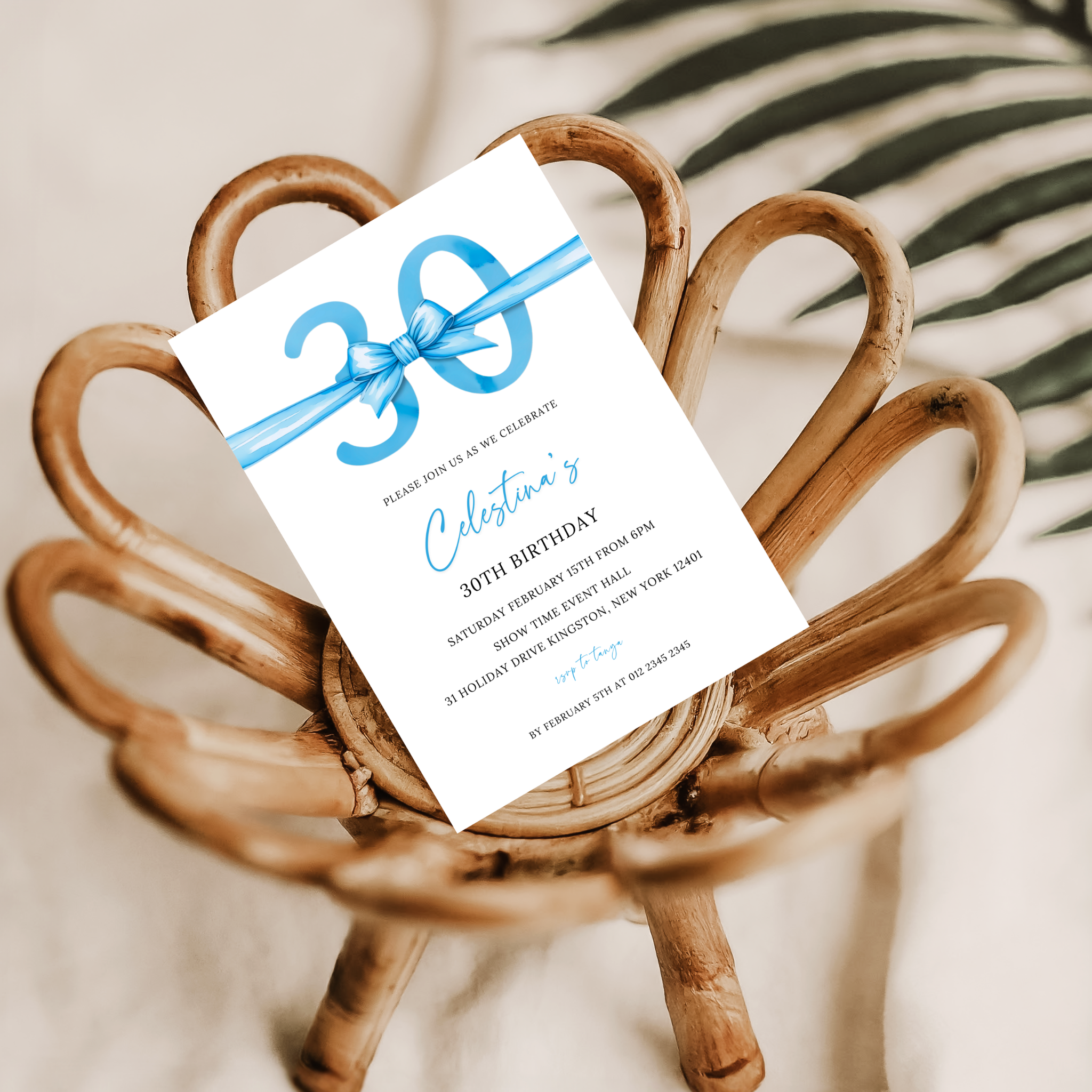 30th Birthday Invitation - Blue Bow