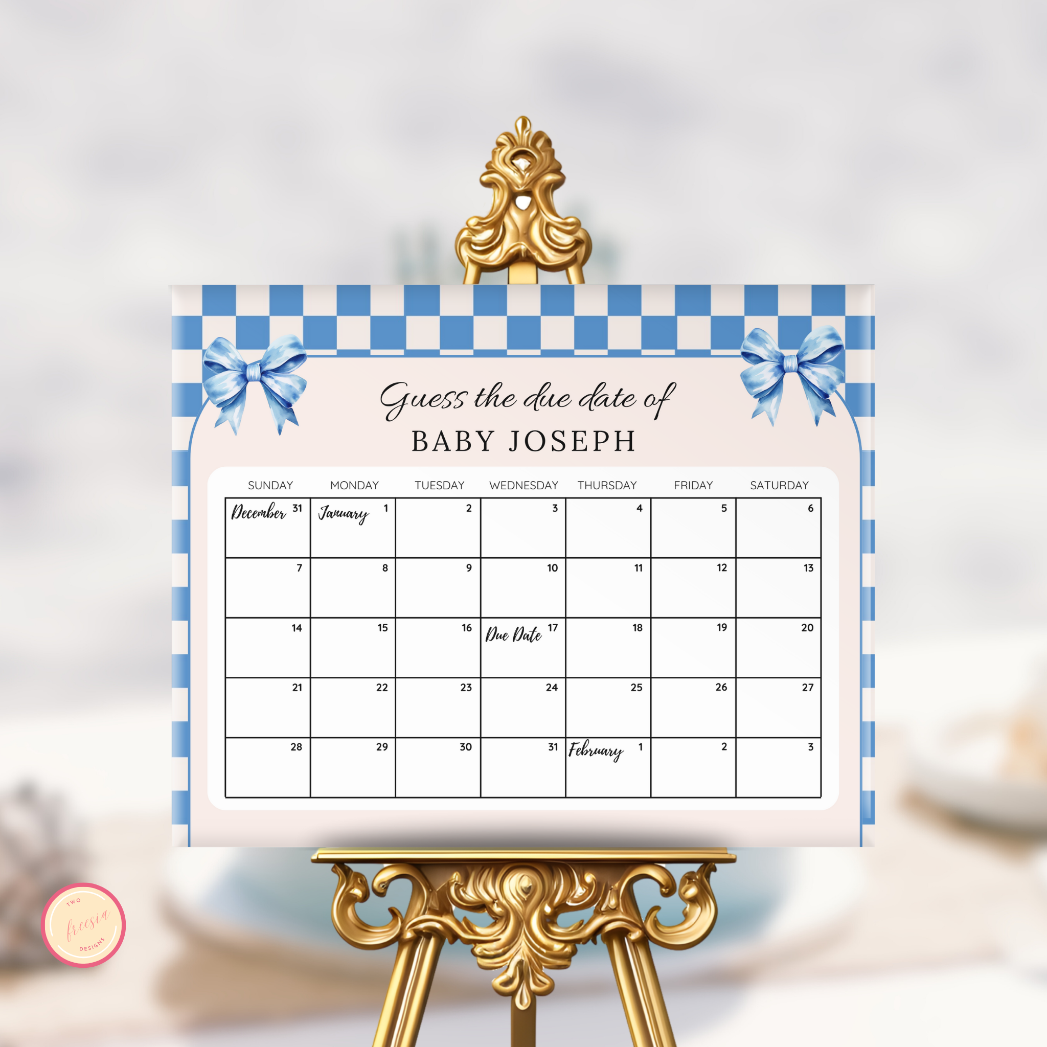 Checkered Blue Baby Due Date Calendar Game