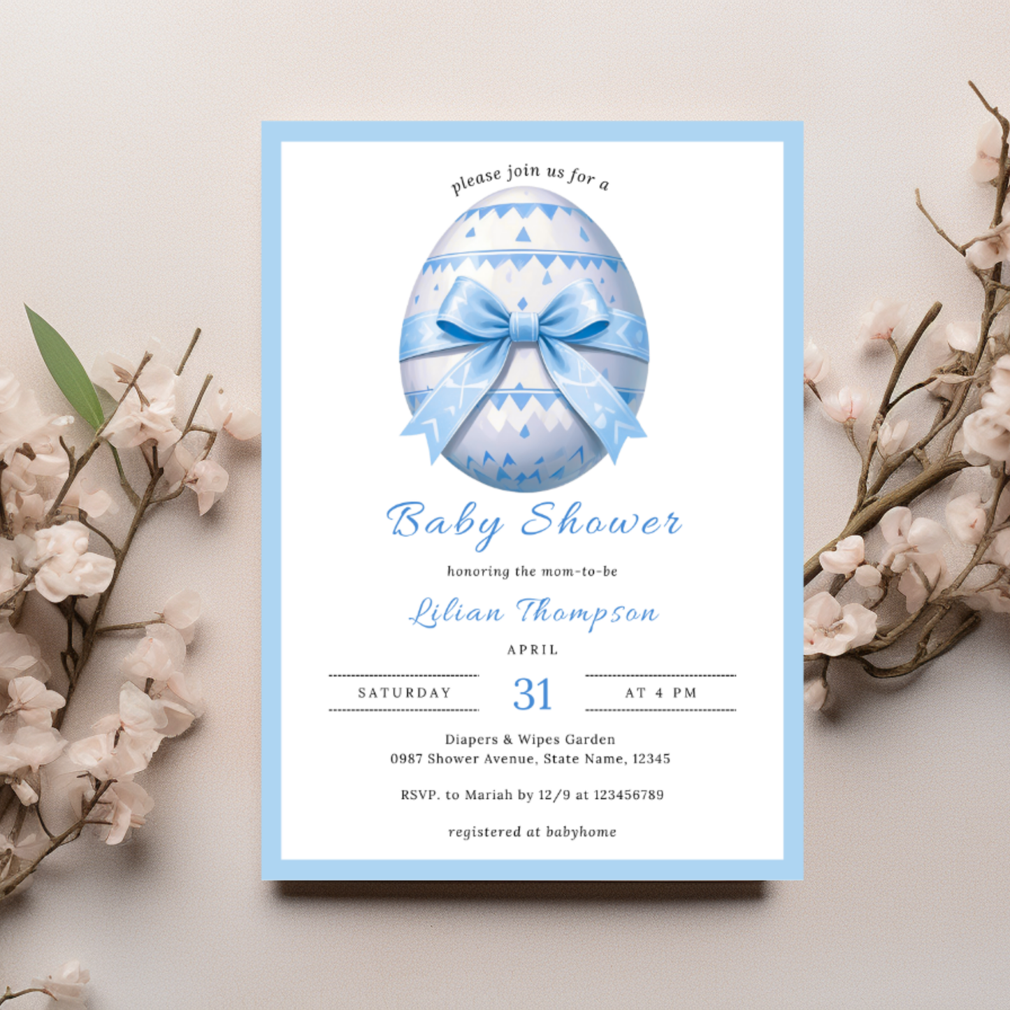 Easter Baby Shower Invitation - Blue Egg