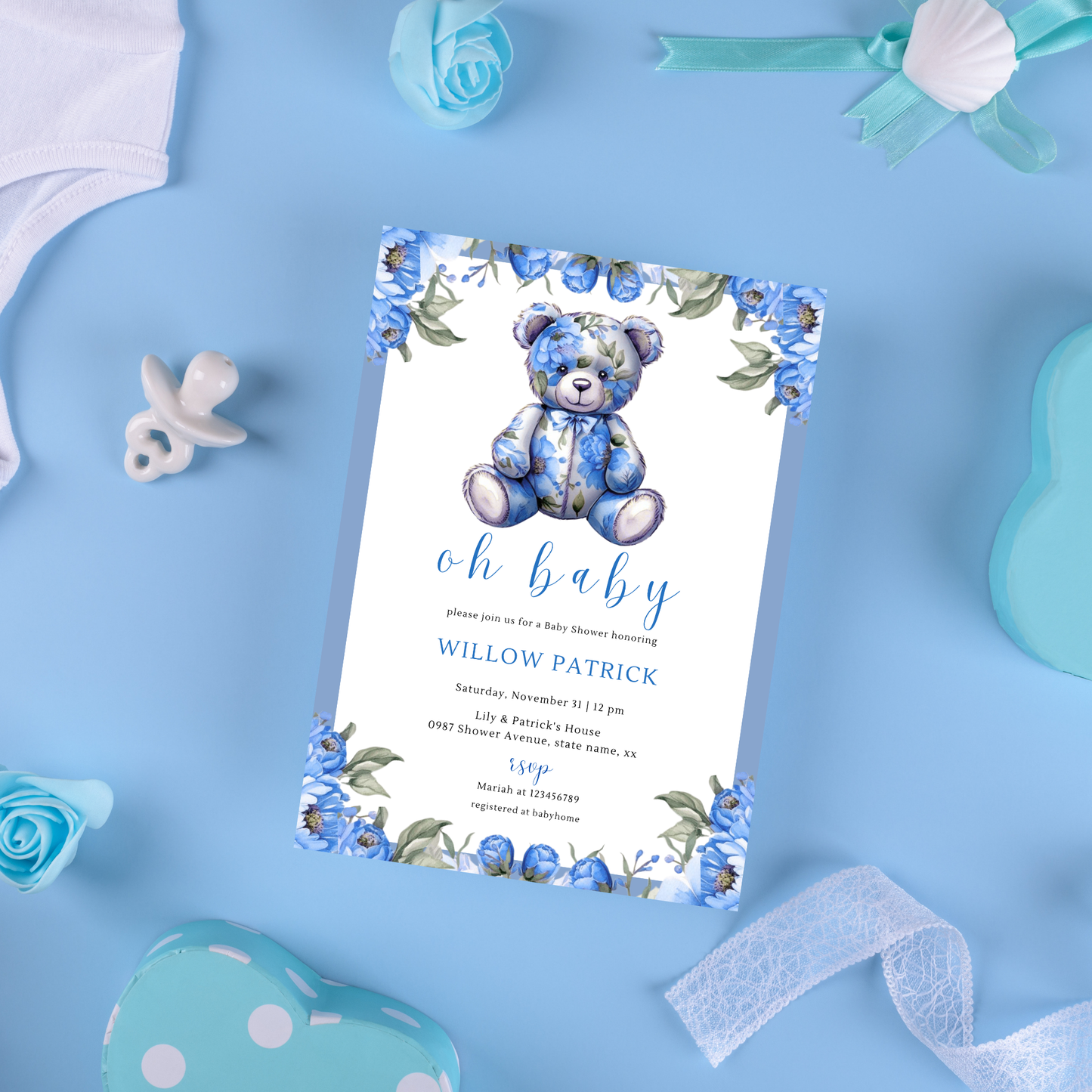 Oh Baby! Baby Shower Invitation Bundle Template - Floral Blue