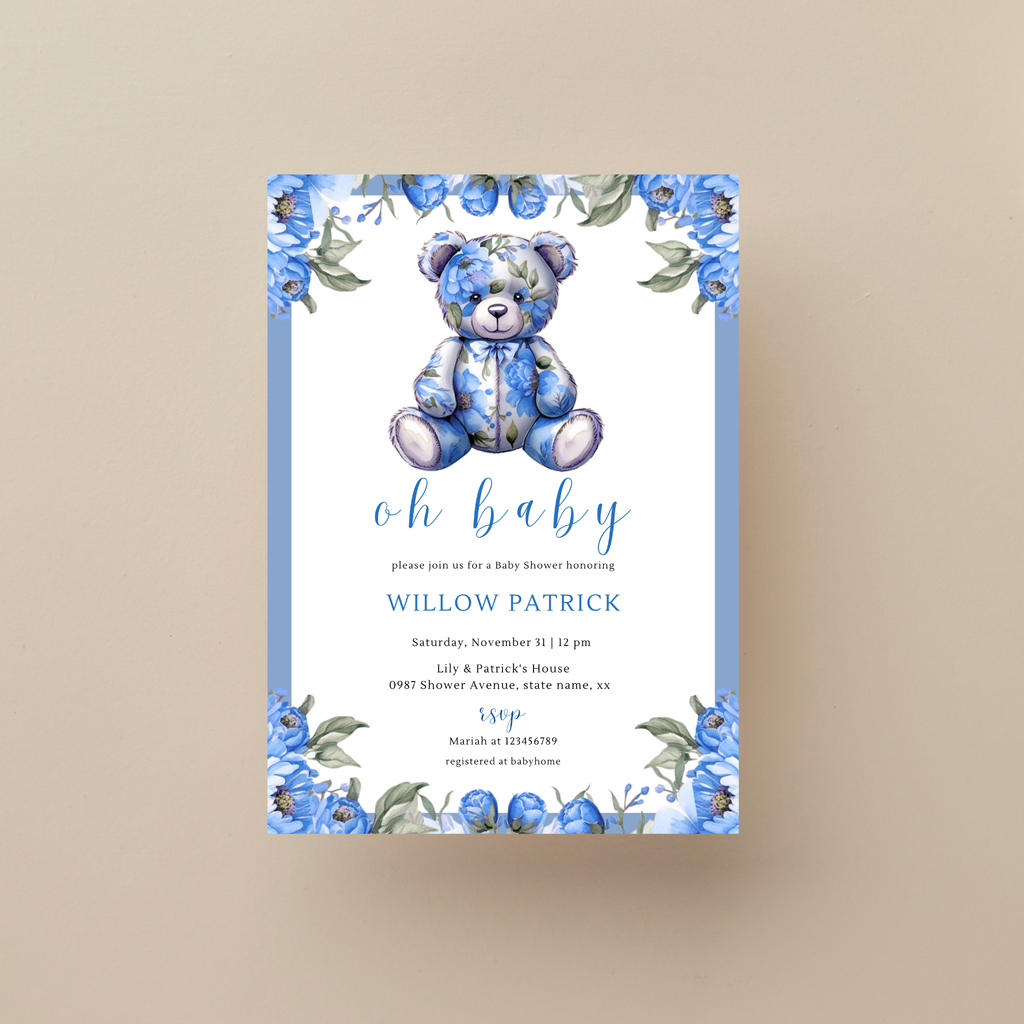Oh Baby! Baby Shower Invitation Bundle Template - Floral Blue