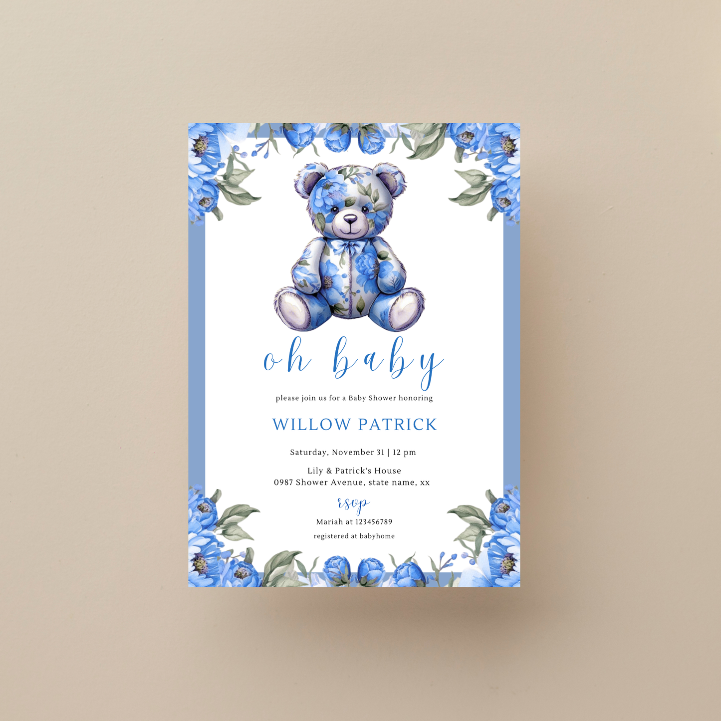 Oh Baby! Baby Shower Invitation Bundle Template - Floral Blue