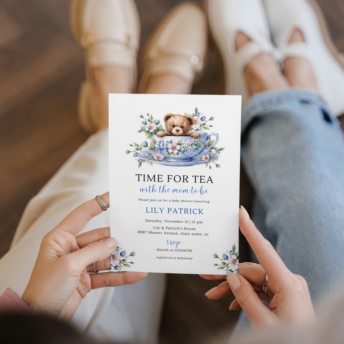 Time For Tea With The Mom To Be Invitation - Dusty Blue Floral (Copy)