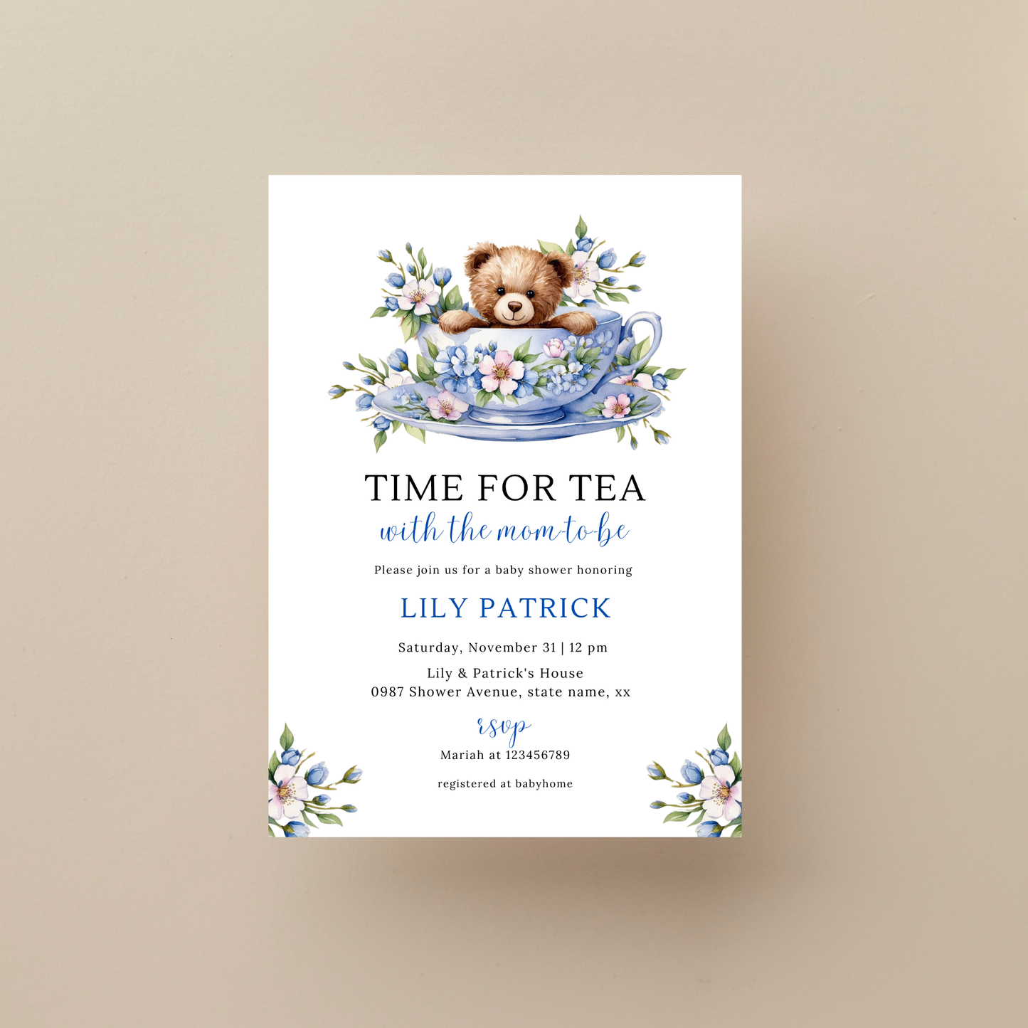Time For Tea With The Mom To Be Invitation Set - Dusty Blue