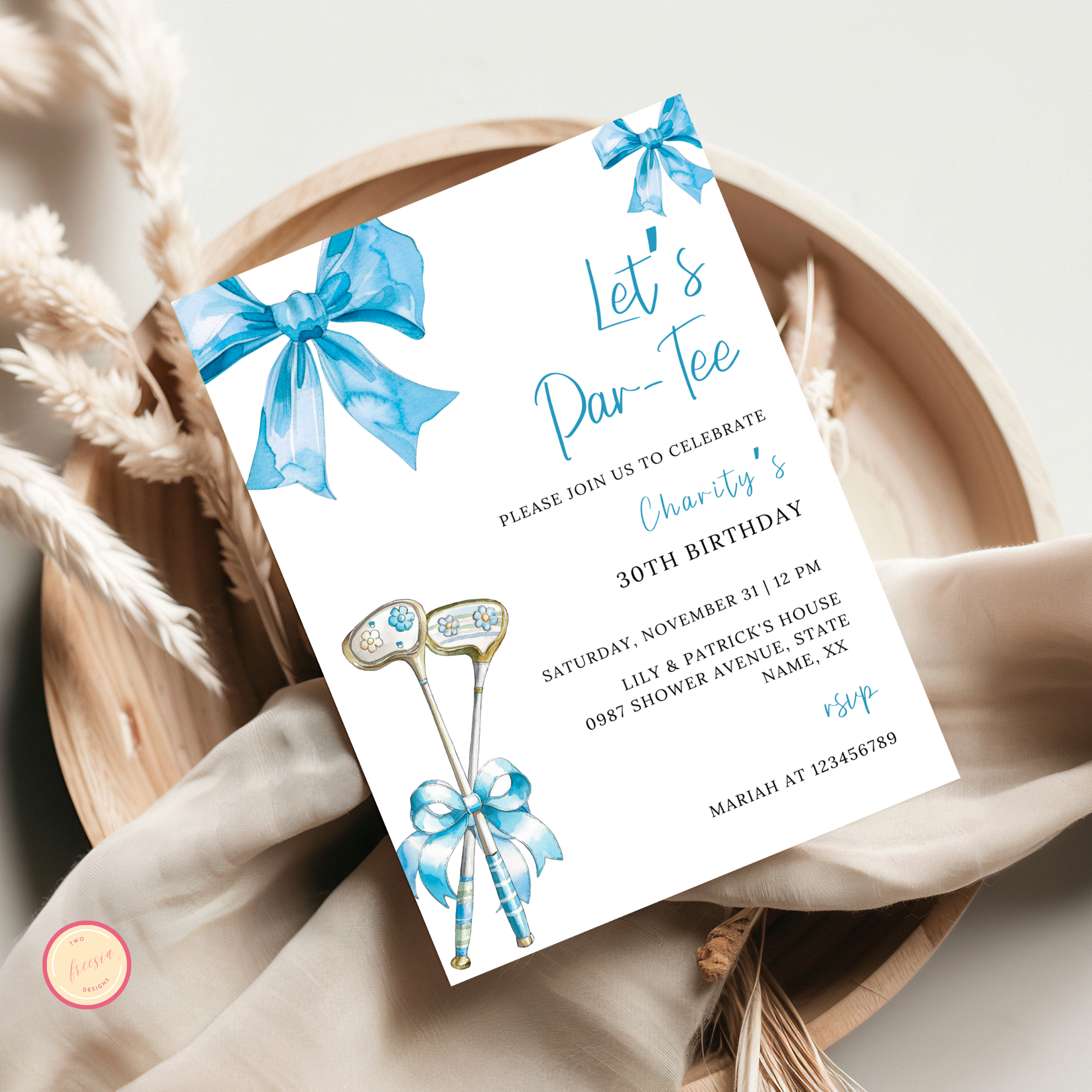 Blue Bow & Club Golf Birthday Invitation