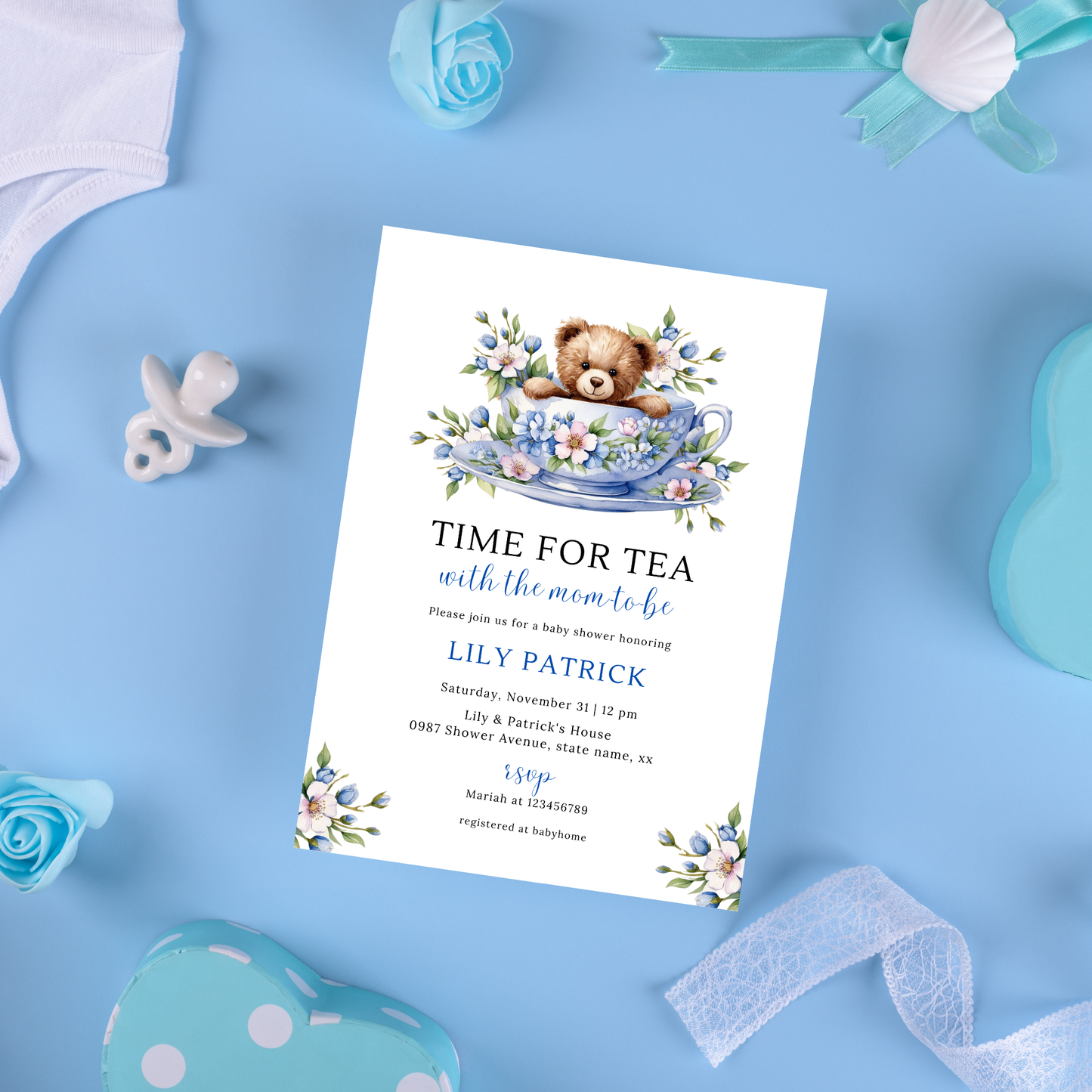 Time For Tea With The Mom To Be Invitation Set - Dusty Blue