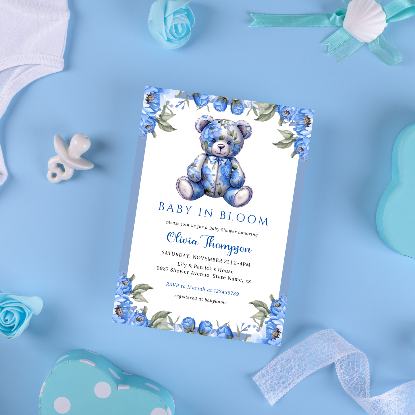 Baby in Bloom Baby Shower Invitation Bundle Template - Floral Blue