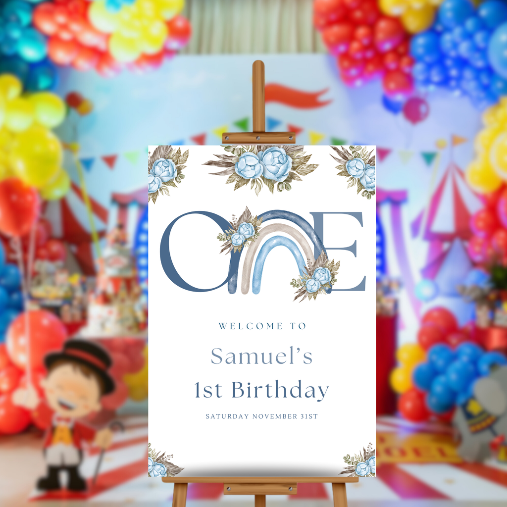 Blue Boho Rainbow 1st Birthday Welcome Sign